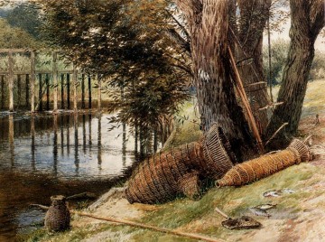  Banken Galerie - Eel Pots am Ufer eines Flusses Szenerie viktorianisch Myles Birket Foster
